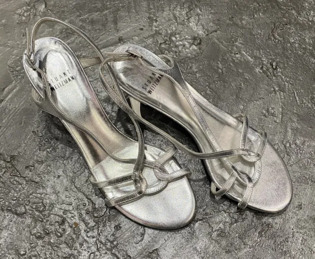 STUART WEITZMAN Silver Reversal Leather Strappy Slingback Heels