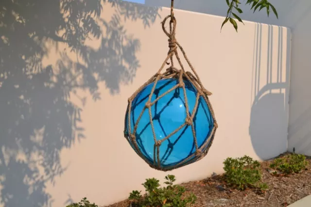 Nautical Rope Fishing Buoy Light Blue Glass Float Fish Net Ball Tiki/Luau  Decor 