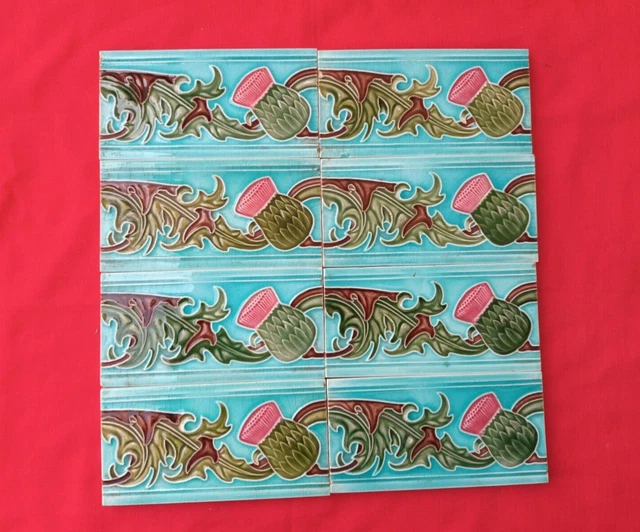 8 Piece Old Art Flower Design Majolica Ceramic Tiles Japan 0102 2