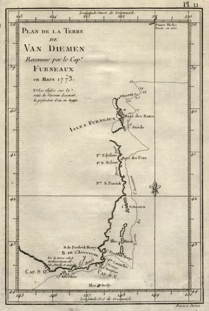 Tasmania Original Copperplate Map Bernard 1775