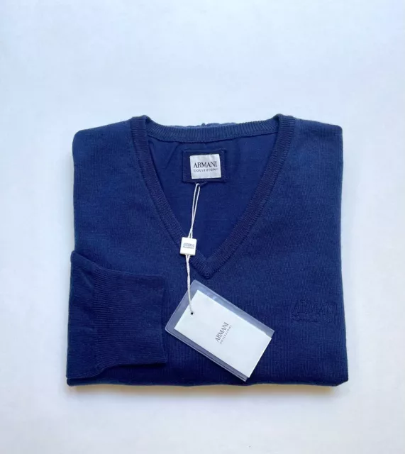 New Armani Collezioni Men's Sweater M size Logo Wool Knit Blue V-Neck Pullover
