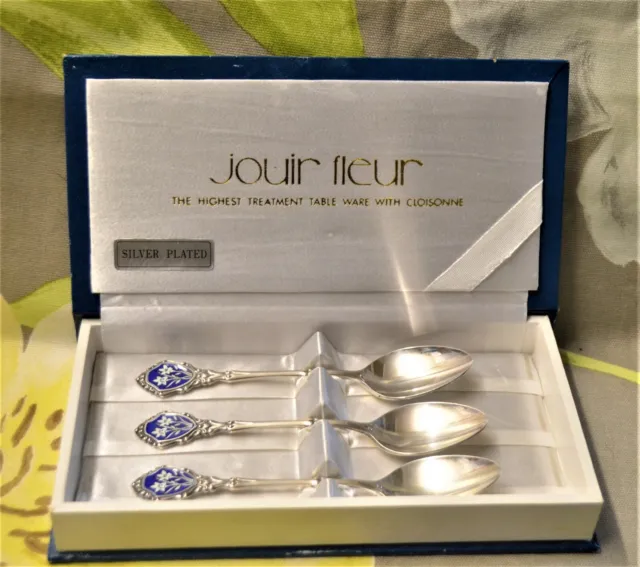 3 x Boxed Jouir Fleur Silver Plated Tea Spoons Blue Enamel with White Flowers