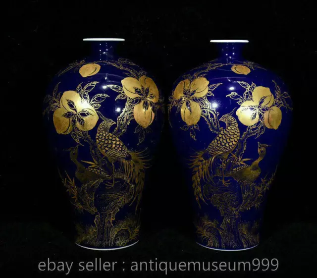 7.6" Old China Blue Glaze Gilt Porcelain Dynasty Flower Bird Peach Bottle Pair