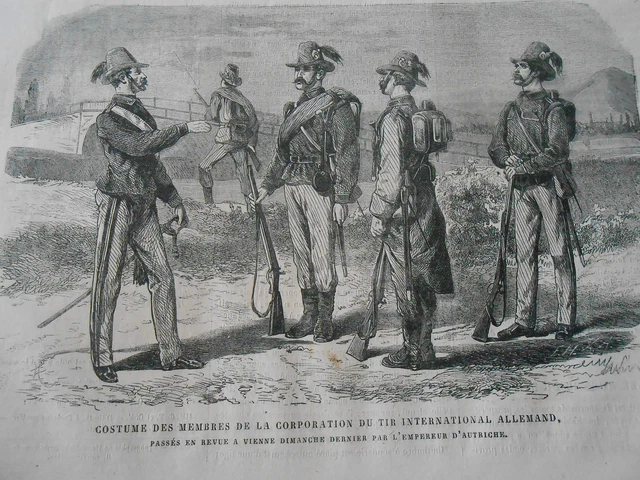 Gravure 1868 - Costumes du tir international Allemand