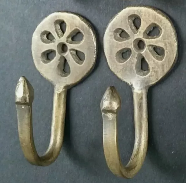 2 x solid Brass Ant. Style Sm. Single Coat Hooks Floral Daisy Ornate 2-3/8"  #C5