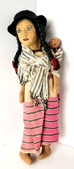 Vintage 12" Bolivian Cloth Doll  Mother w/ Baby on Back  Aymara Village Artisans