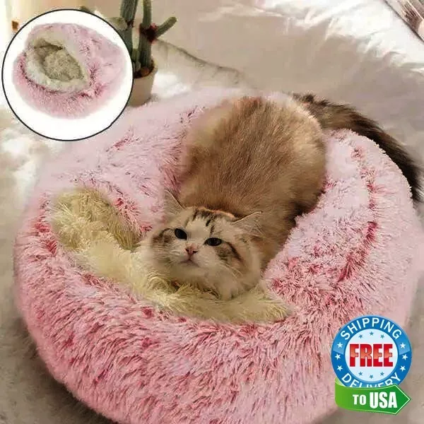 Christmas Bed Plush Donut Pet Dog Cat Calming Sleeping Fluffy Cave Self Warming