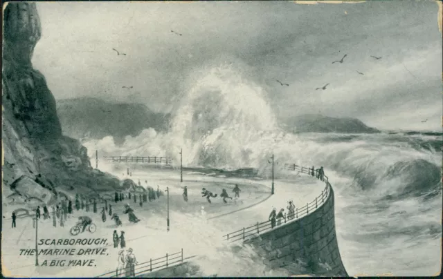 Scarborough Marine Drive A Big Wave 1908 Postmark ETW Dennis