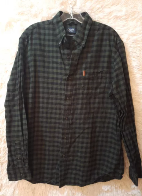 Chaps Flannel Shirt Mens L Large Dark Green Blk Plaid Long Sleeve Pocket Logo