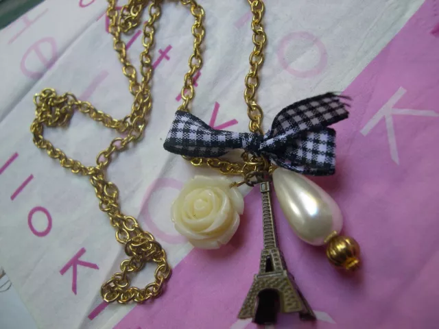 Collana TOUR EIFFEL vintage rosa fiocco e perla kawaii