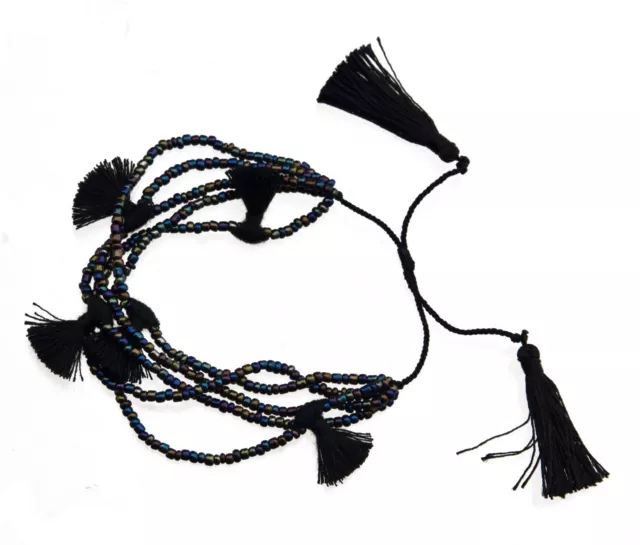 Bracelet Chic perles de rocailles avec pompons bijou ethnik noir mica 1034 AJ