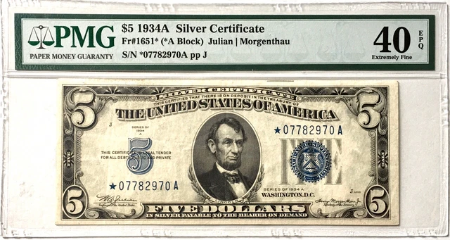 1934-A SILVER CERTIFICATE $5 PMG 40 Extremely Fine EF XF EPQ STAR NOTE Fr. 1651*