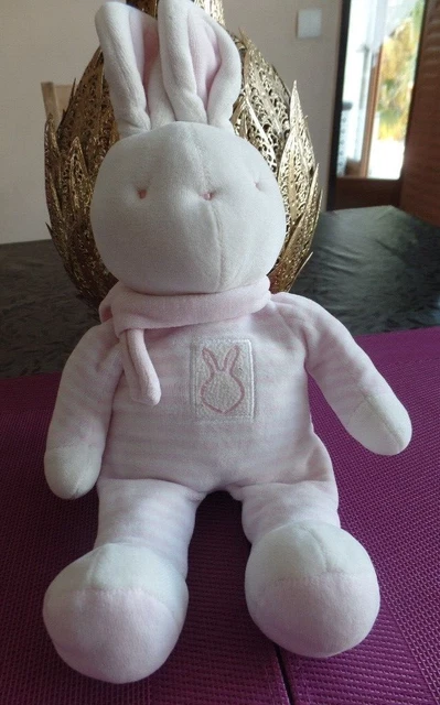 S8 / doudou peluche lapin blanc rayé rose écharpe KLORANE