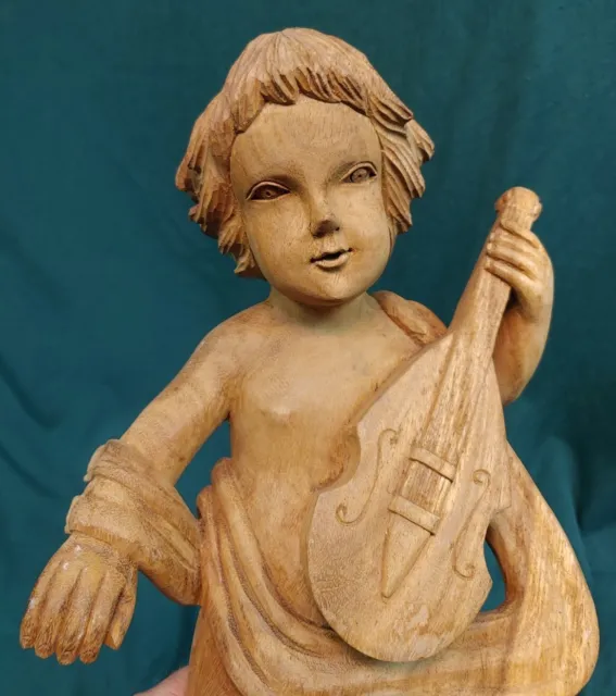 Vintage Hand Carved Wooden Angel Musician Figure Statue Cherub Putto Carving