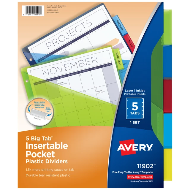 Pocket Insertable Dividers, Plastic, 5-Tab, Multi-Color