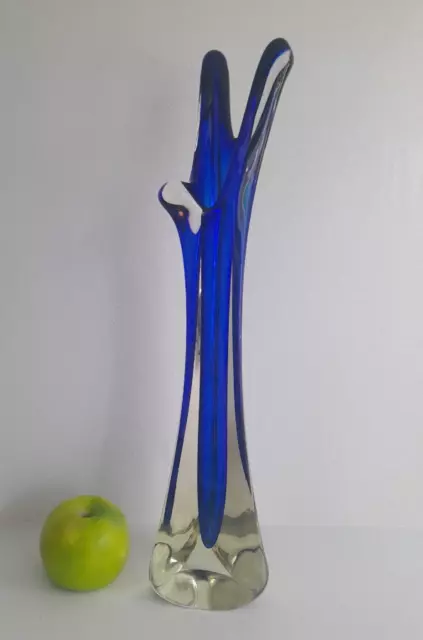 Large Murano style blue Sommerso art glass abstract tri splash finger vase 400mm