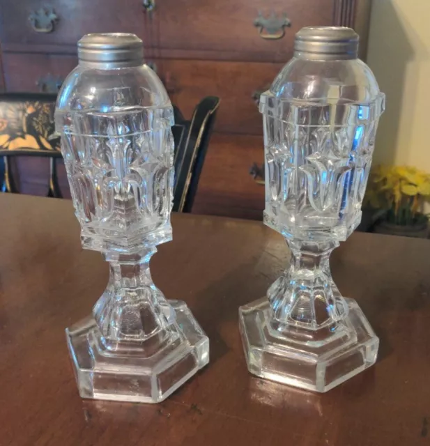 Pair Antique Whale Oil Lamps American Pattern Glass 19th Century Flint