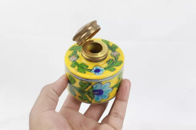 Vintage Indian Ceramic Ink Pot Blue Pottery Handmade Brass Cap Fitted Inkwell 2