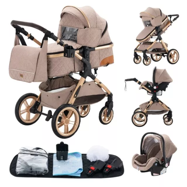 Poussette 3 en 1 Bébé Combinée Siège-Auto Nacelle Trio Réversible Réglable Khaki