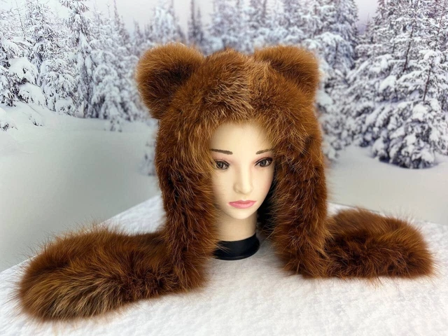 Real fox fur hood Unisex winter hat Animal Hat Hood Trapper hat