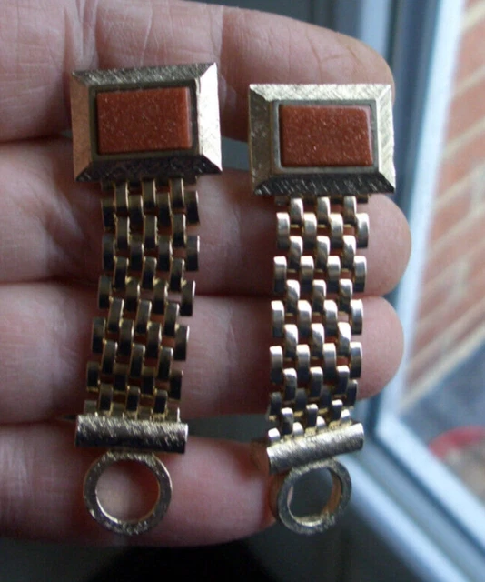 Boutons De Manchettes Vintage Pierre De Soleil Dorés - Marque Dante, Rare