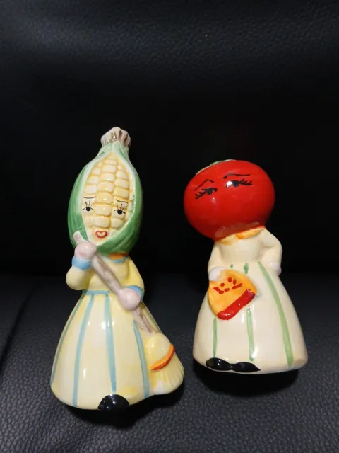 Vintage Anthropomorphic Napco TOMATO And Corn Salt Pepper SHAKERS WITH STOPPERS