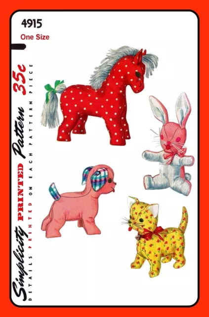 STUFFED Animals DOG CAT RABBIT HORSE Toy Simplicity 4915 VTG Craft Sew Pattern