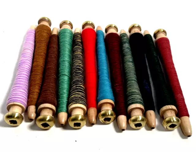Brass Tip Wood Bobbins Thread Wrapped Quills Vtg Wooden Lot-12: