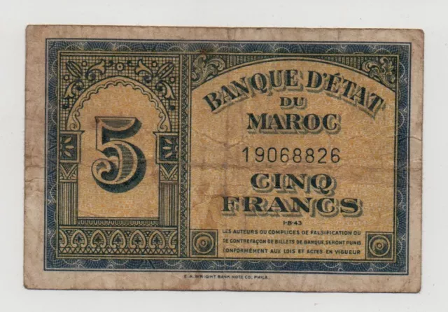 Morocco 5 Francs 1943 Pick 24 Look Scans