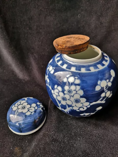 Antique Chinese Blue and White Prunus Ginger Jar with Cork stop and Lid