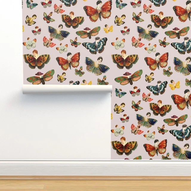 Removable Water-Activated Wallpaper Ladies Women Butterflies Vintage Moths Pink