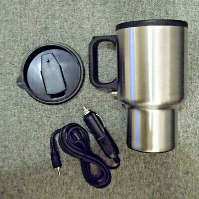 Vehicle heated travel coffee mug, plugs into lighter, 12v, black/stainless, NIB