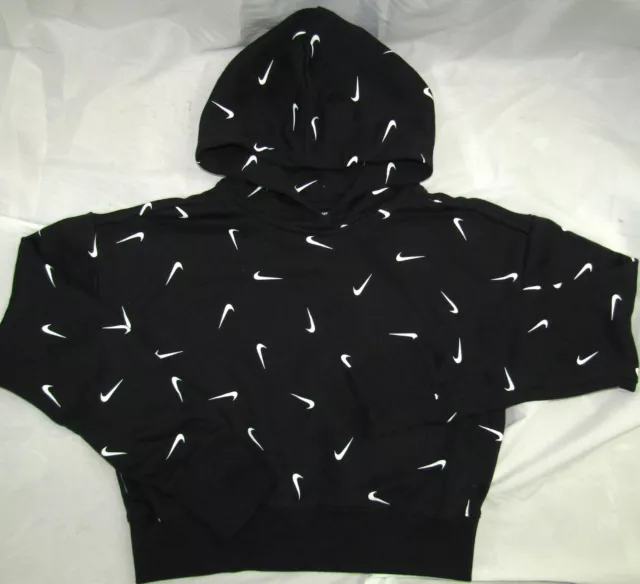 Girls Nike Cropped Hoodie Hooded Sweatshirt Sz XL Black with white swoosh