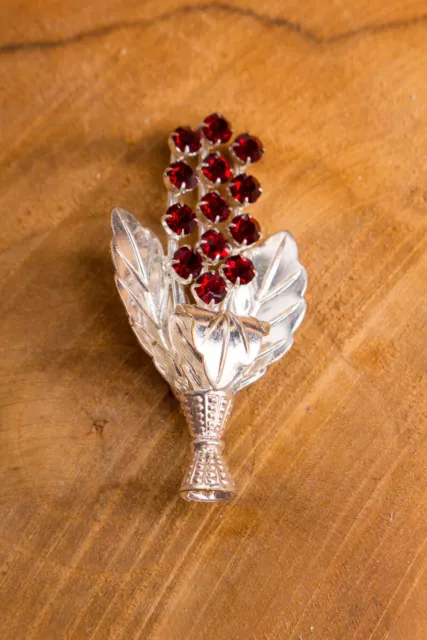 Vintage Blumen Anstecknadel Brosche silber rot Strass 80er