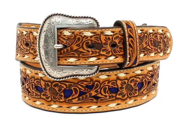 Nocona Western Mens Belt Leather Floral Tooled Laced Blue Inlay Tan