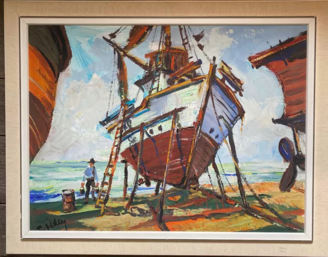 Pintura Al Óleo Botes Puerto Kai ° Hombres Am Dock Ilegible Firmado Marco Playa