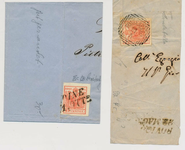 LOMBARDEI-VENETIEN 185. 2Stk. Briefteile! MONTEBELLO und UDINE Stempeln.