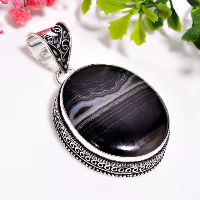 Black Botswana Agate Vintage Handmade 925 Sterling Silver Pendant 2.2" GSR-4477