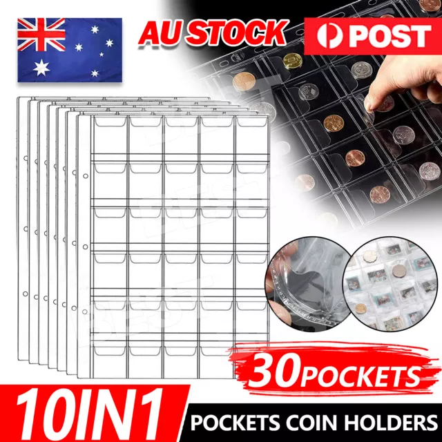 10x 30 Pockets Coin Holder Folder Pages Sheets For Collection Album Storage AU