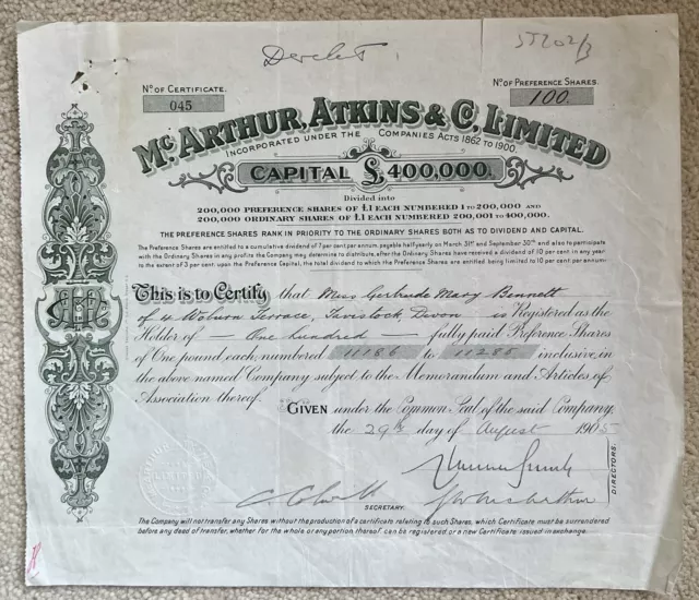 1905 - South Africa - McArthur, Atkins & Co. Limited - Share Certificate