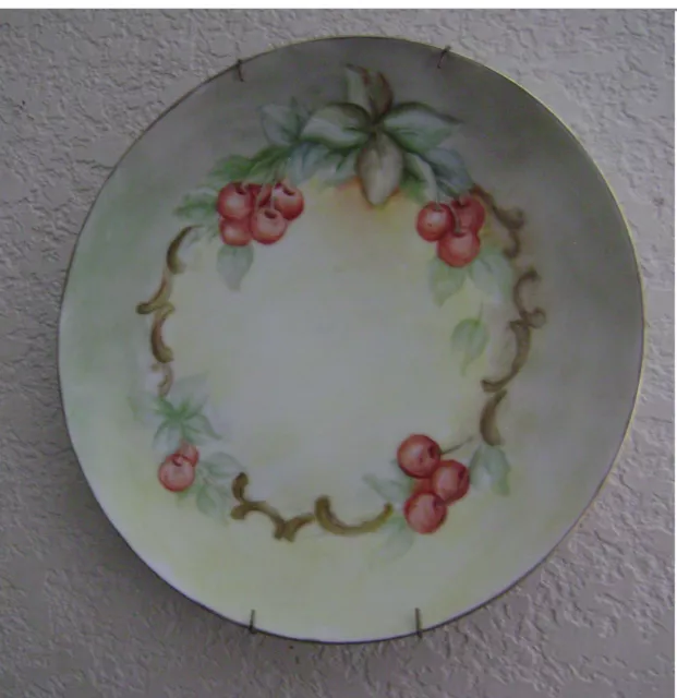 HUTSCHENREUTHER cabinet plate wall hanger cherries ARTIST SIGNED art pottery vtg