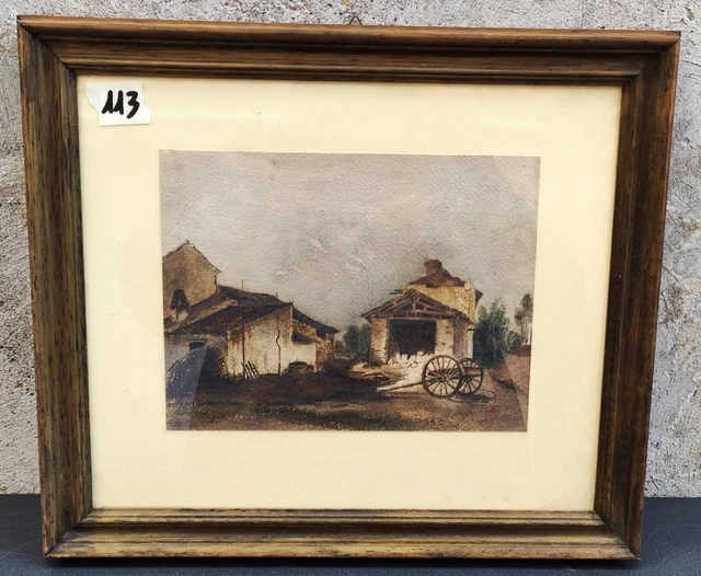 Acquerello Quadro Paesaggio Rurale Fienile Firmato Rayan 1905 Dipinto Originale