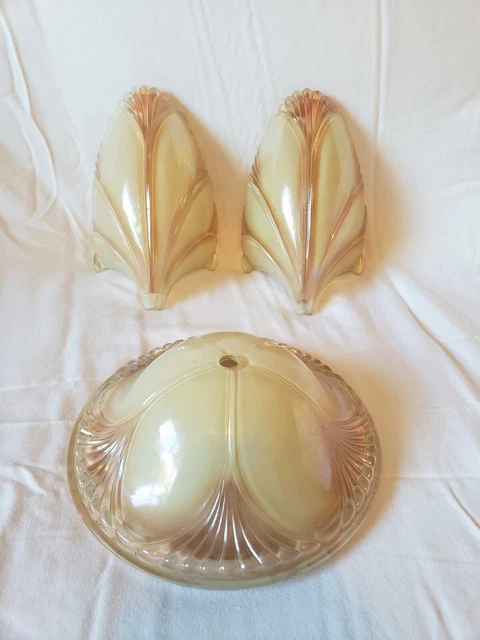 Art Deco Chandelier Ceiling  Light Fixture With Two Bat Wing Glass Slip Shades