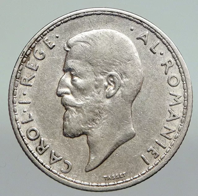 1910 ROMANIA under King Carol I Prince Karl VINTAGE OLD Silver 2 Lei Coin i92239