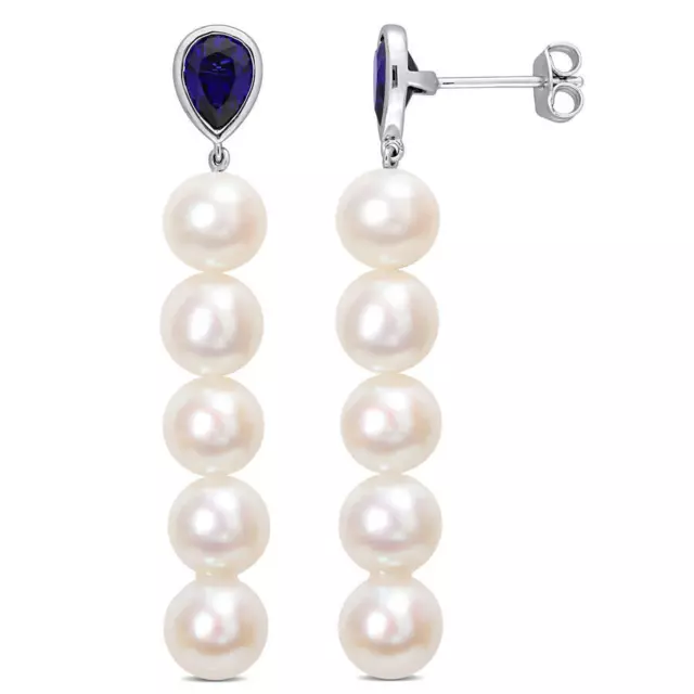 AMOUR 7-7.5mm Cultured Freshwater Pearl and 2 1/3 CT TGW Created Blue Sapphire
