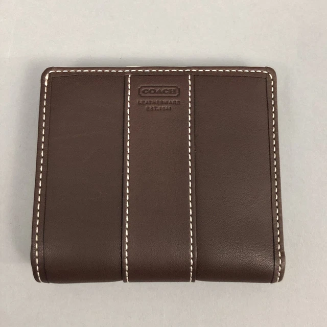 Coach Bi-Fold Leather Wallet Brown Snap Closure Kiss Lock Coin Pocket Stitching