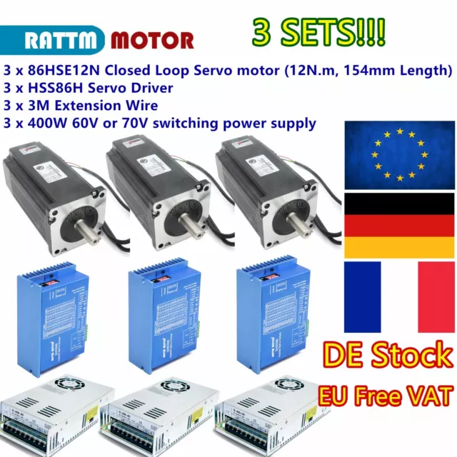 【3 Set】CNC Nema34 12N.m Servo Motor Closed Loop&HSS86 2phase Hybrid Driver+Power