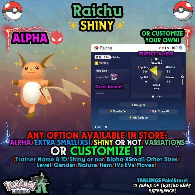 POKEMON LEGENDS ZA 🦖 Raichu SHINY ALPHA LVL100 🎗️ BATTLE READY 🎗️ IVs ...