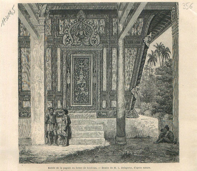 Entrée de la pagode en forme de tombeau au Viêt Nam Indochine GRAVURE 1872