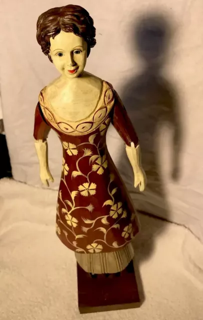 Brunette Foreside  Carved Wooden Woman Figurine On  Pole Stand with Jointed Arms